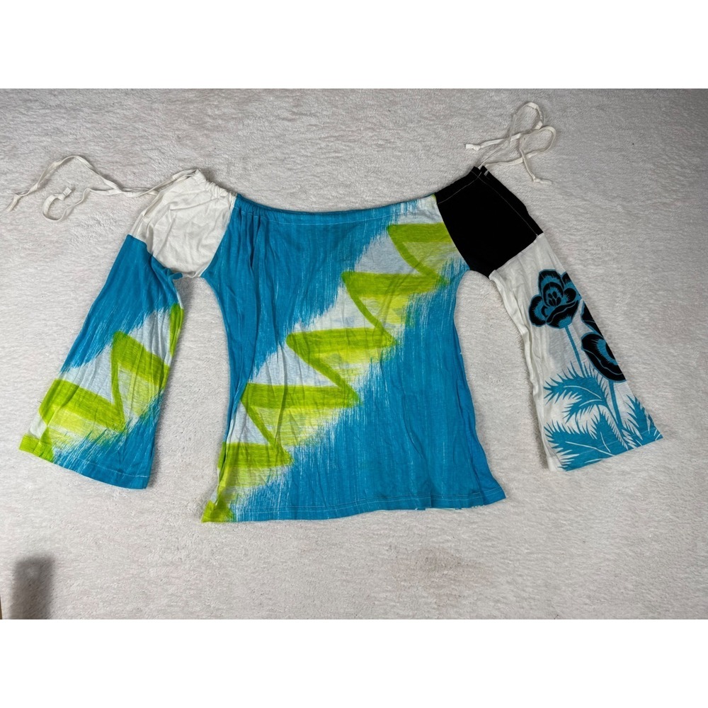 Custo Barcelona Top Women Size 4 Blue Lime Green Off Shoulder Y2K Art